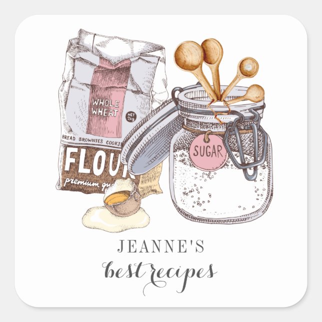 Sticker Carré Custom Illustrated Sugar Flour Egg Kitchen Baker (Devant)
