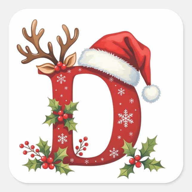Sticker Carré Custom initial monogram D antler Santa's snowflake (Devant)