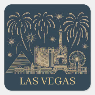 Sticker Carré Custom Las Vegas Skyline Gold Line Art Vintage