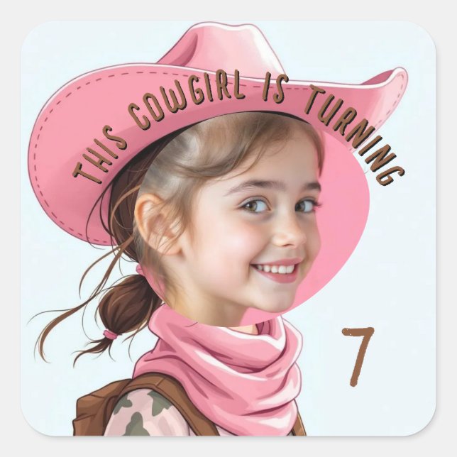 Sticker Carré Custom Photo Any Age Pink Cowgirl Theme Birthday  (Devant)