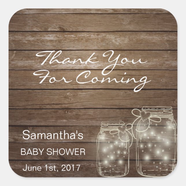 Sticker Carré Customisé Rustic Mason jarres Baby shower bois (Devant)