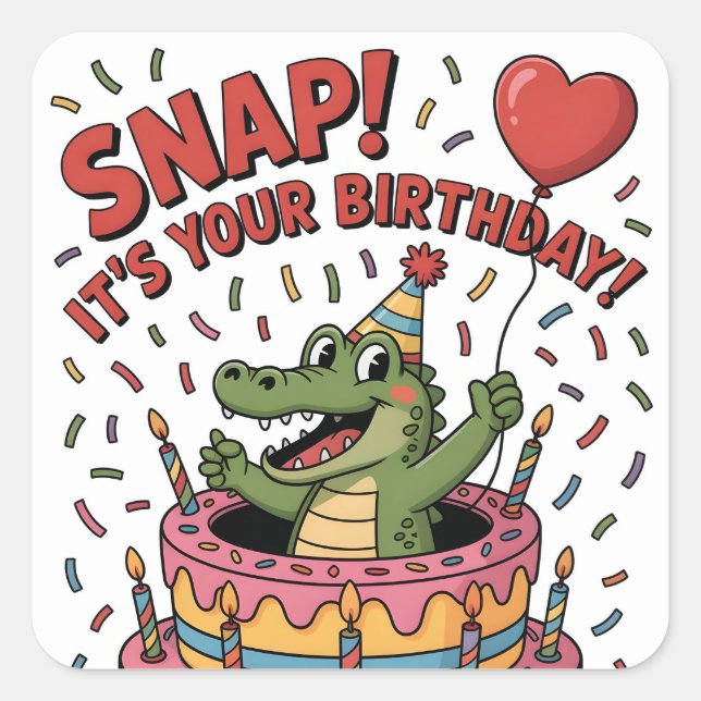 Sticker Carré Cute Alligator Birthday Cake Party Design (Devant)