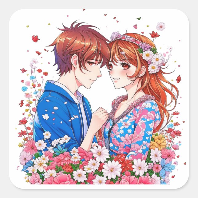 Sticker Carré Cute Anime Couple Cuddin (Devant)