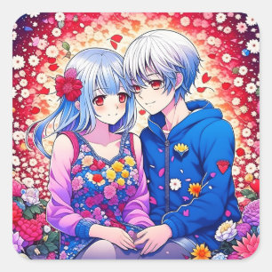 Sticker Carré Cute Anime Couple entouré de Fleurs et Coeur