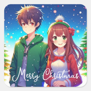Sticker Carré Cute Anime Couple   Joyeux Noël