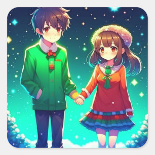 Sticker Carré Cute Anime Couple Tenue Mains Personnalisées