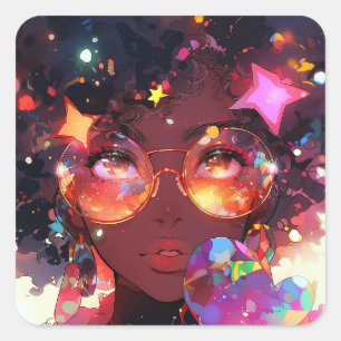 Sticker Carré Cute Anime Girl African American Art