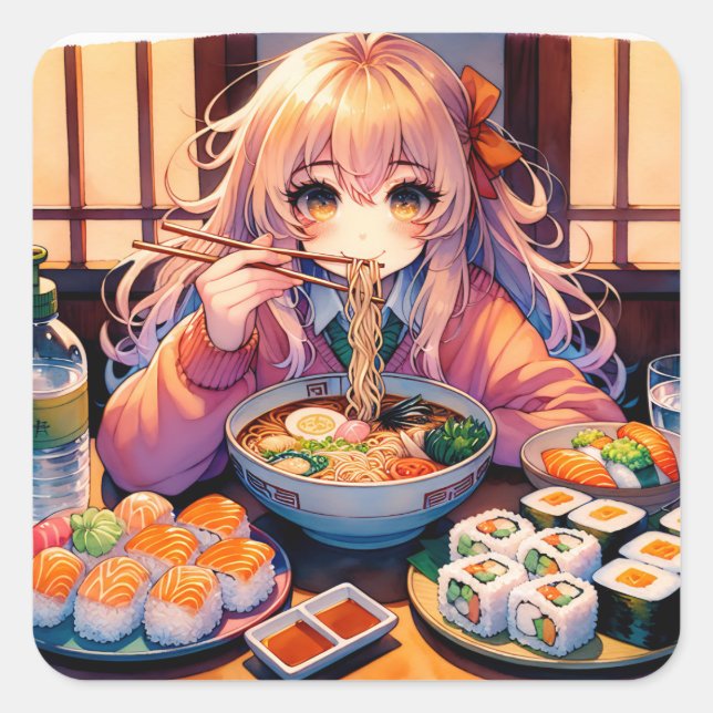 Sticker Carré Cute Anime Girl Manger Ramen et Sushi (Devant)