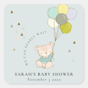 Sticker Carré Cute Aqua Bearly Wait Bear Baby shower de ballon
