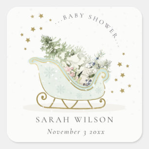 Sticker Carré Cute Aqua Blue Gold Hiver Baby shower à bascule