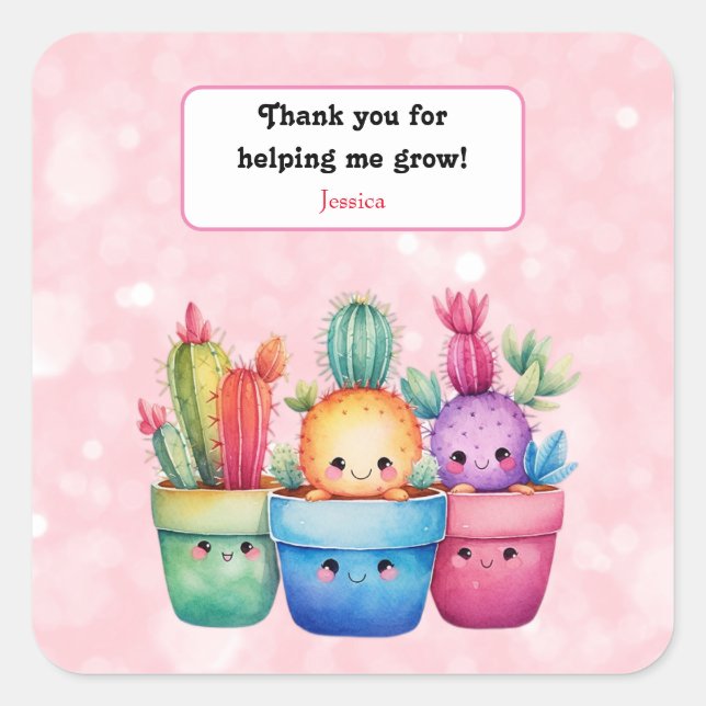 Sticker Carré Cute aquarelle Cactus Merci rose (Devant)
