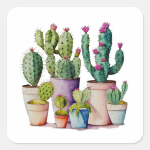 Sticker Carré Cute aquarelle cactus succulents dans les pots