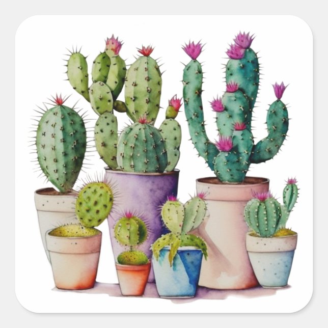 Sticker Carré Cute aquarelle cactus succulents dans les pots (Devant)