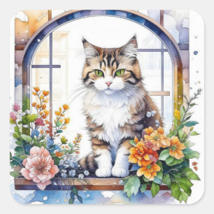 Sticker Carré Cute Aquarelle Chat dans la fenêtre de fleurs