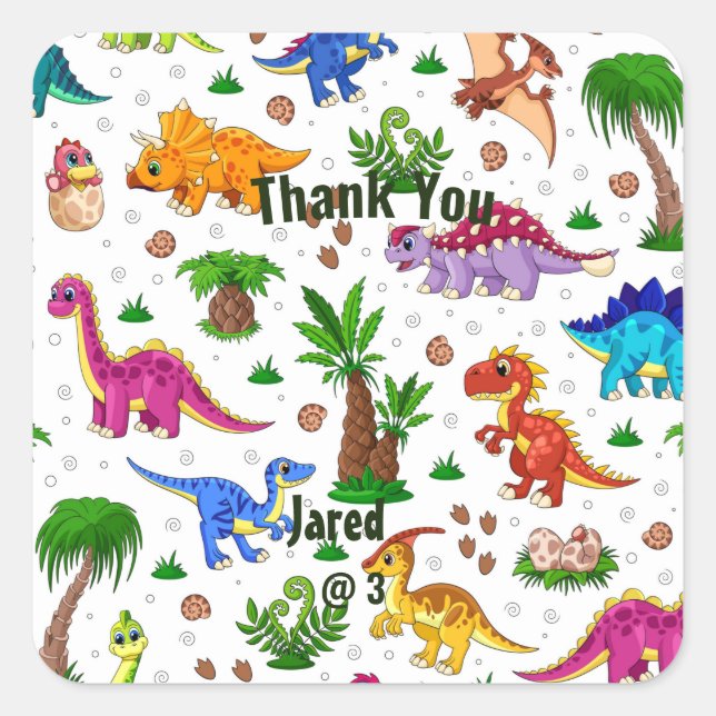 Sticker Carré Cute Aquarelle Enfants Anniversaire Dinosaure Merc (Devant)