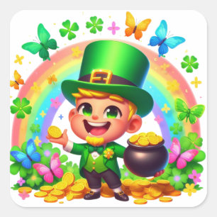 Sticker Carré Cute arc-en-ciel Leprechaun avec or