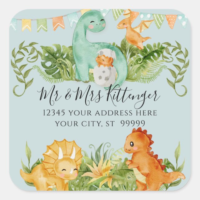 Sticker Carré Cute Baby Dinosaur Foliage Douche Retour Adresse (Devant)