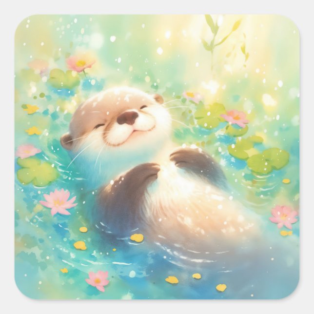 Sticker Carré Cute Baby Otter Floating in Sunlit Blue Pond (Devant)