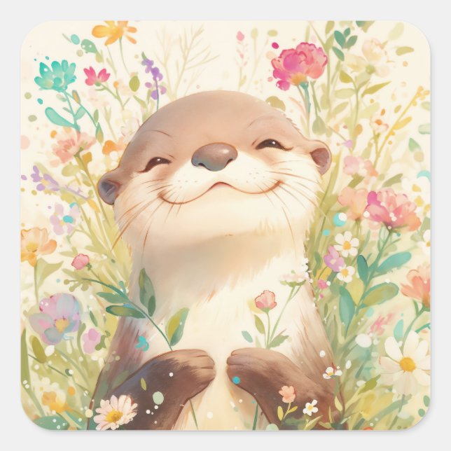 Sticker Carré Cute Baby Otter Smiling in Meadow Flowers (Devant)