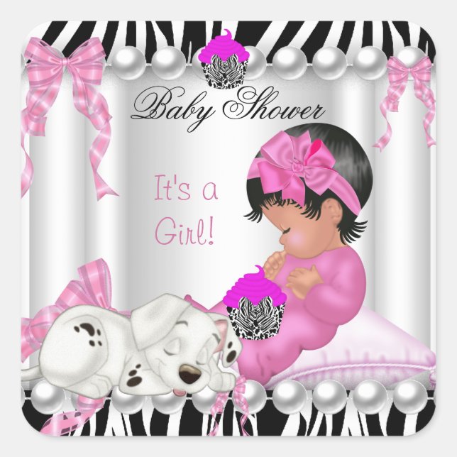 Sticker Carré Cute Baby shower fille rose Zebra cupcake (Devant)