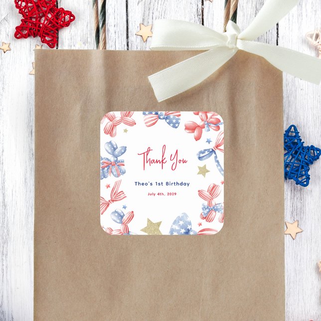 Sticker Carré Cute Balloon Bow 4 juillet 1er anniversaire (Créateur téléchargé)