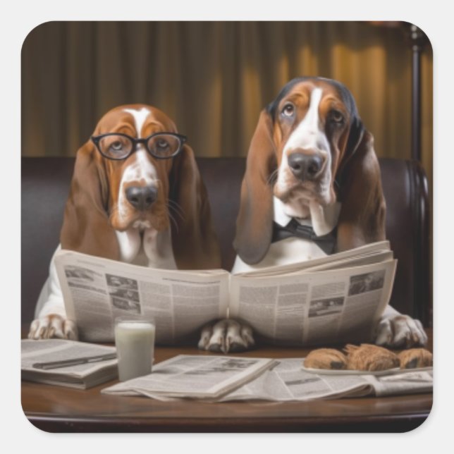 Sticker Carré Cute basset hounds lecture journal (Devant)