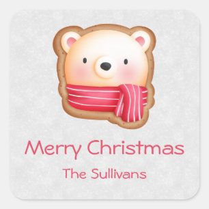 Sticker Carré Cute Bear Face Red Scarf et Rosy Cheeks Christmas