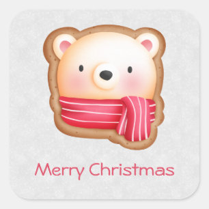 Sticker Carré Cute Bear Face Red Scarf et Rosy Cheeks Christmas