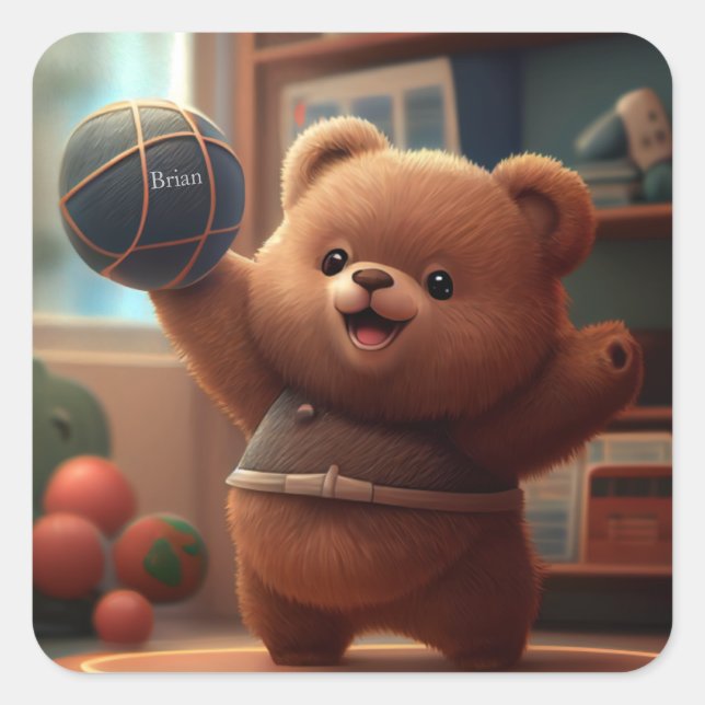 Sticker Carré Cute Bear jouant au basket-ball Personnalisé (Devant)