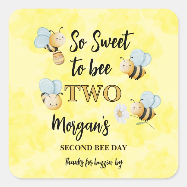 Sticker Carré Cute Bee Two Yellow Black Second Birthday Party (Devant)