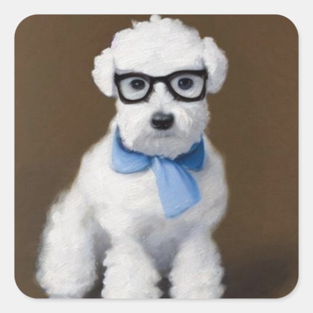 Sticker Carré Cute Bichon Frisé portant des lunettes (Devant)