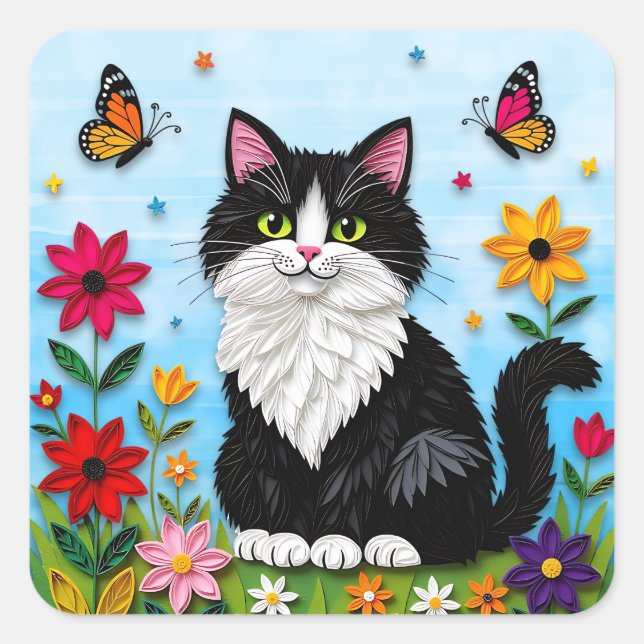 Sticker Carré Cute Black and White Cat, Flowers and Butterflies (Devant)