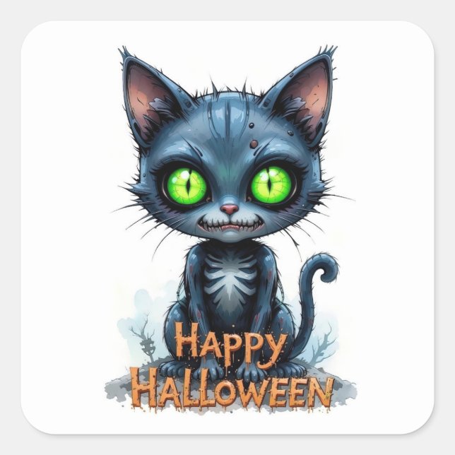 Sticker Carré Cute Black Kitten Halloween Amoureux des chats lun (Devant)