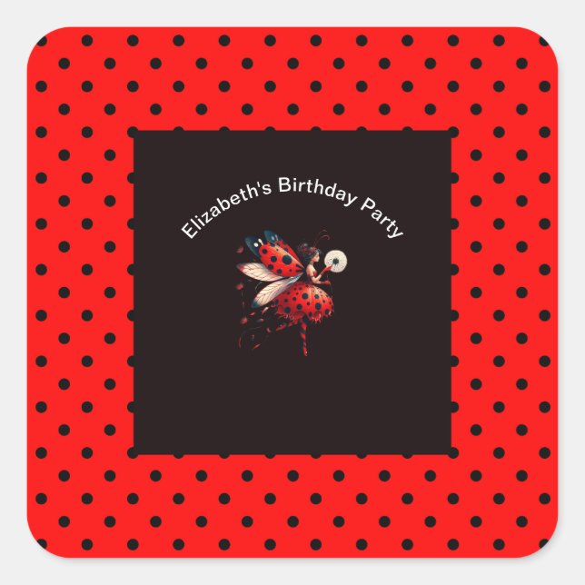 Sticker Carré Cute Black & Red Ladybug Fairy Birthday Party  (Devant)