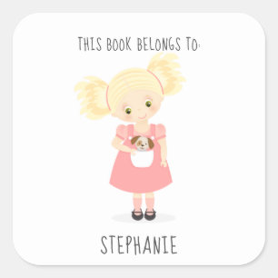 Sticker Carré Cute Blonde Girl and Puppy Ce livre appartient à
