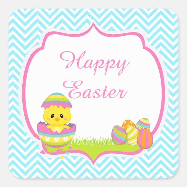 Sticker Carré Cute Blue Chevrons Easter Chick Easter Egg Hunt (Devant)