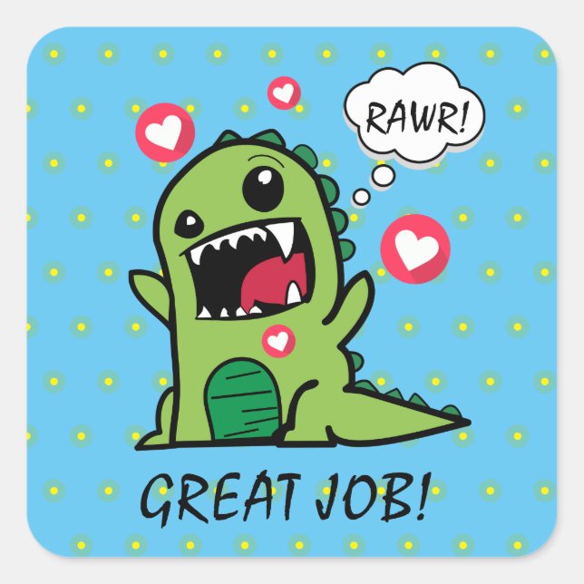 Sticker Carré Cute Blue Dinosaur Rawr Great Job School (Devant)
