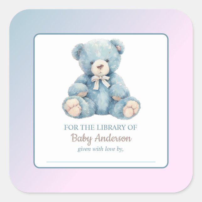 Sticker Carré Cute Blue Teddy Bear Baby shower Boite (Devant)