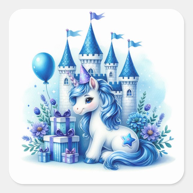 Sticker Carré Cute Blue Unicorn et Fairytale Castle (Devant)