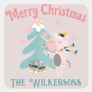 Sticker Carré Cute Boho Christmas Unicorne sur Blush Pink