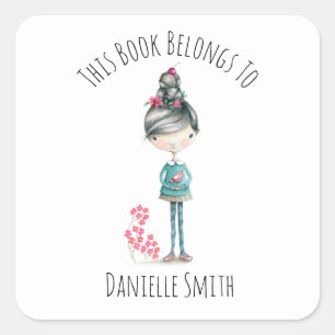 Sticker Carré Cute Boho Girl With Bird Bookplate