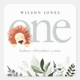 Sticker Carré Cute Boho Lion Foliage 1er fête d'anniversaire