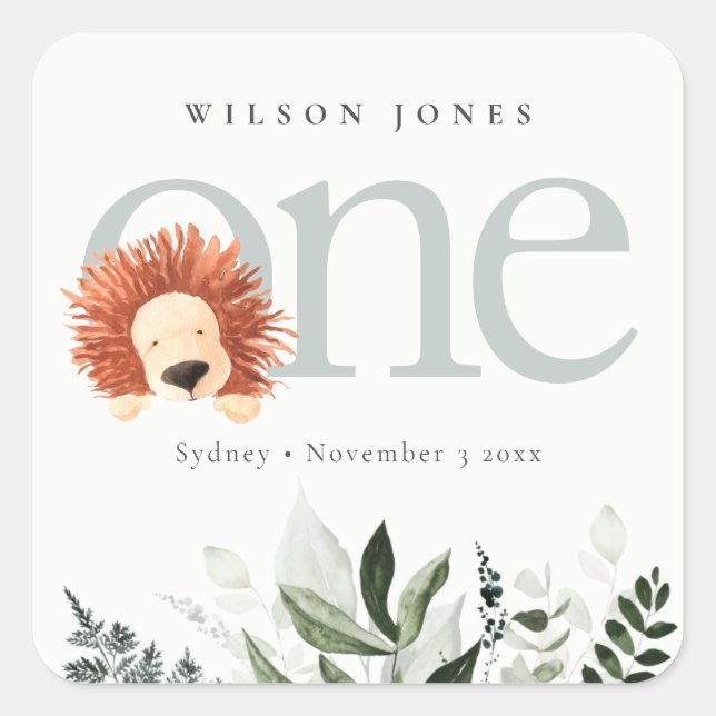 Sticker Carré Cute Boho Lion Foliage 1er fête d'anniversaire (Devant)