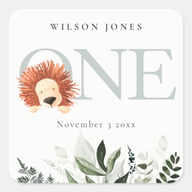 Sticker Carré Cute Boho Lion Foliage 1er fête d'anniversaire (Devant)