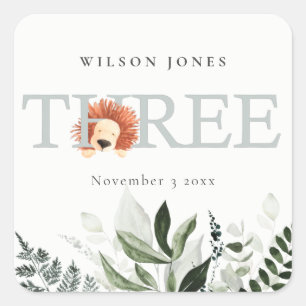 Sticker Carré Cute Boho Lion Foliage 3ème fête d'anniversaire