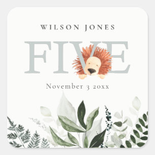 Sticker Carré Cute Boho Lion Foliage 5e fête d'anniversaire