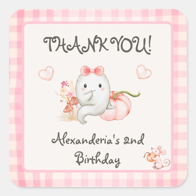 Sticker Carré Cute Boo Ghost rose Anniversaire Fille (Devant)