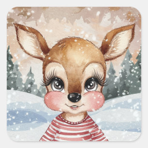 Sticker Carré Cute Boy Reindeer avec une scène de Noël