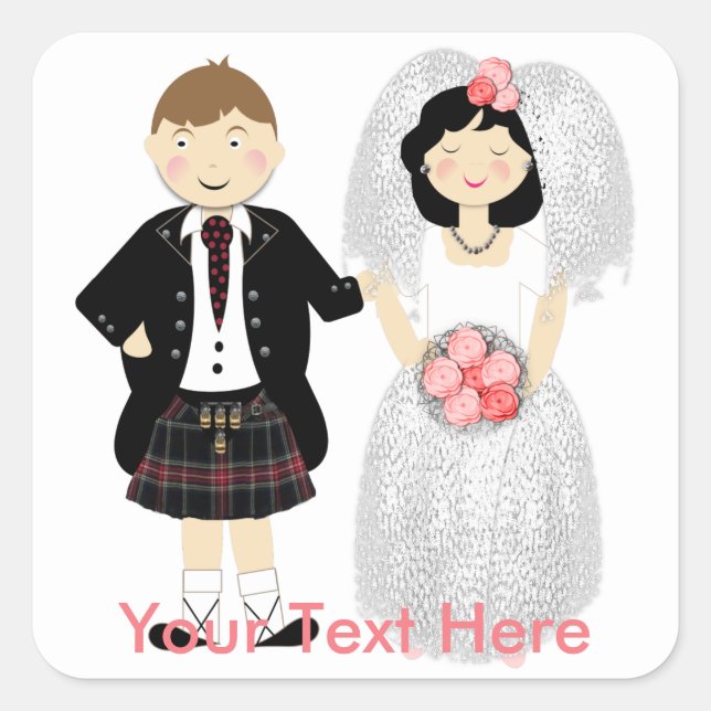 Sticker Carré Cute Bride et Groom Mariage écossais Thème (Devant)
