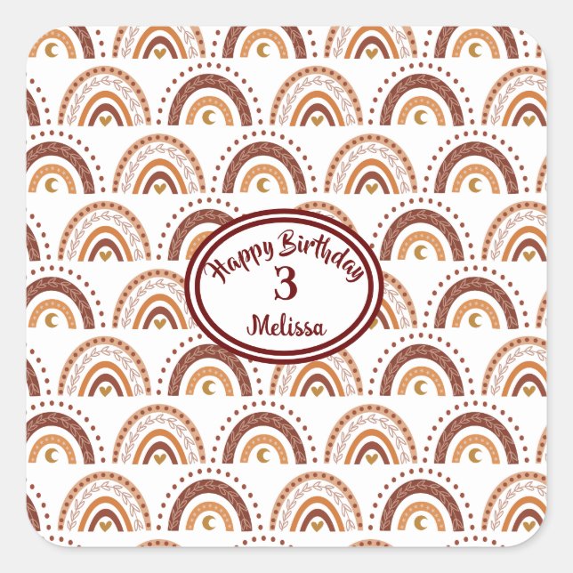 Sticker Carré Cute Brown Boho Rainbow Whimsical Pattern (Devant)